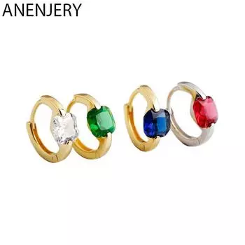 ANENJERY маленькие квадратные цветные серьги-кольца с цирконием для мужчин и женщин, простые модные круглые серьги, оптовая продажа
