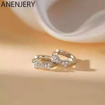 ANENJERY маленькие серьги-кольца с блестящим микроцирконовым бантом для женщин, классические милые простые корейские украшения, подарок для девочек серебряный
