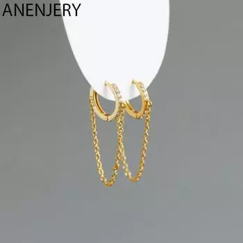 ANENJERY Маленькие серьги-кольца с цирконом, простая французская цепочка с кисточкой и пряжкой, универсальные серьги pendientes oro 18k серебряный