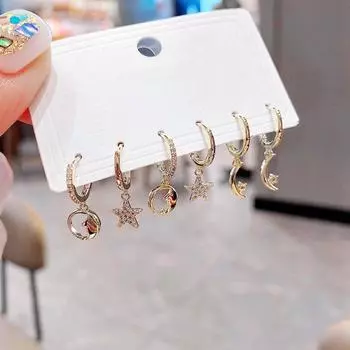 ANENJERY маленькие серьги-кольца с цирконием, звездами и луной для женщин, милый комплект серег из 6 предметов с героями мультфильмов, подарок для девочки