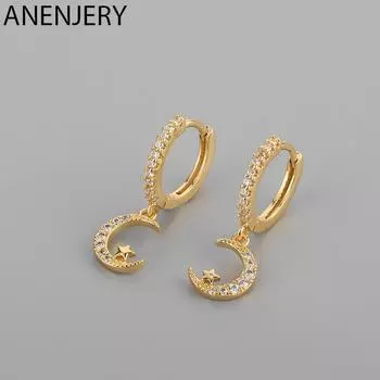 ANENJERY маленькие серьги-кольца со звездами и луной для женщин, предотвращающие аллергию, серьги-подвески, изящные ювелирные изделия