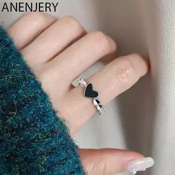 ANENJERY Медь Черное Тонкое Кольцо С Сердцем Для Женщин Ретро Прохладный Нишевый Дизайн Ежедневное Кольцо Подарок на День Святого Валентина