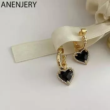 ANENJERY медь черный циркон золотые серьги с сердечками для женщин темпераментные легкие роскошные нишевые дизайнерские аксессуары золотой