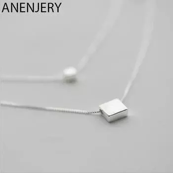 ANENJERY, медное двухслойное ожерелье в квадратной коробке, простое ожерелье для женщин, колье S-N194 серебряный