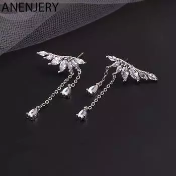 ANENJERY медные циркониевые серьги-гвоздики с каплями воды и кисточками для женщин, милые аксессуары