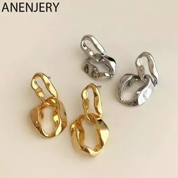 ANENJERY медные нерегулярные двойные продолговатые серьги-гвоздики для женщин, металлические крутые простые аксессуары серебряный