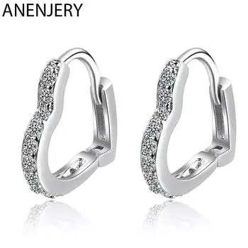 ANENJERY медные серьги-кольца в форме сердца с цирконием для предотвращения аллергии для женщин S-E1069 серебряный
