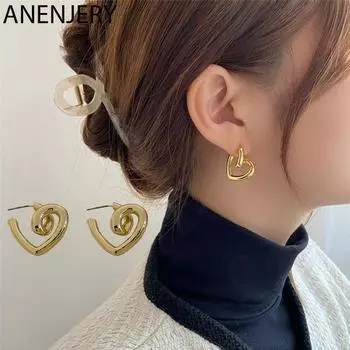 ANENJERY медные витые линии серьги-гвоздики с сердечками для женщин, новый дизайн, простые ювелирные изделия серебряный