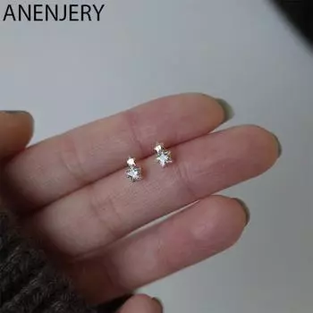ANENJERY микро-цирконовые серьги-гвоздики с блестящей пентаграммой для женщин, милые мини-нежные легкие роскошные ювелирные изделия серебряный