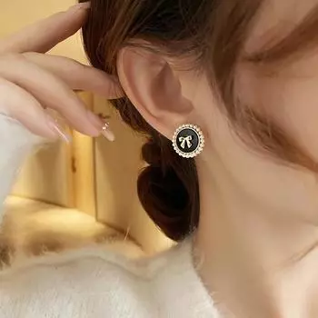 ANENJERY милые черные серьги-гвоздики с жемчугом и бантом для женщин, роскошные серьги-гвоздики с гендерным темпераментом, ювелирные изделия