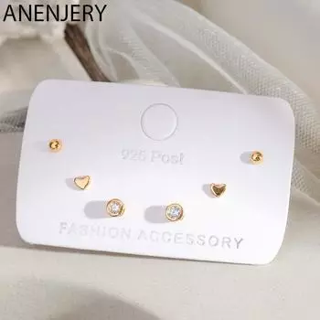 ANENJERY милые маленькие серьги-гвоздики с кубическим цирконием в горошек, комплект серег-гвоздиков с сердечками для женщин, набор серег из 6 предметов, повседневный ювелирный подарок, S-E1234