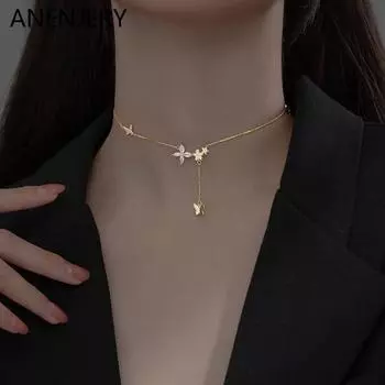 ANENJERY модное креативное ожерелье с бабочками и цветами, циркониевое ожерелье в форме ракушки для женщин, ювелирные изделия, оптовая продажа серебряный