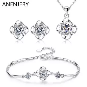 ANENJERY модное серебряное ожерелье, серьги, браслет, комплекты ювелирных изделий, элегантные ювелирные изделия с кристаллами и цирконием, женский свадебный комплект украшений синий