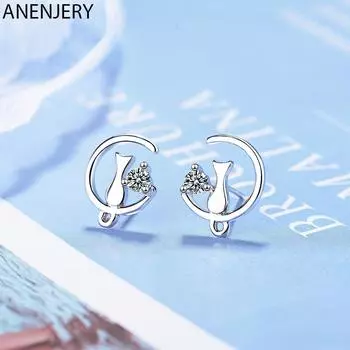 ANENJERY модные модные серьги-гвоздики с изображением кота на Луне, милые ювелирные изделия с животными для женщин, модные подарки, дропшиппинг, оптовая продажа 1 pair серебряный