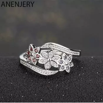ANENJERY модные серебряные цветные винтажные кольца с микроцирконом и цветком для женщин, обручальное кольцо 9 серебряный
