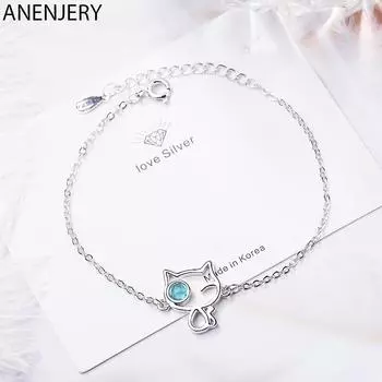 ANENJERY модный регулируемый браслет с милым котом и синими кристаллами, серебряный цвет, женский подарок 16cm add 3.5cm