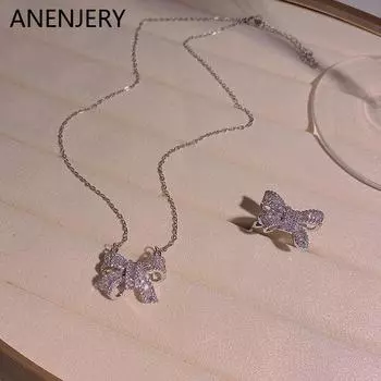 ANENJERY модный женский комплект ювелирных изделий, очаровательное ожерелье с бантом, кольцо, браслет, роскошный комплект ювелирных изделий, подарок, оптовая продажа three-piece set