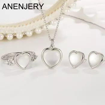 ANENJERY Moonstone Love Heart Shape Ювелирные наборы Ожерелья Серьги Браслет для женщин Нежные роскошные вечерние украшения Resizable