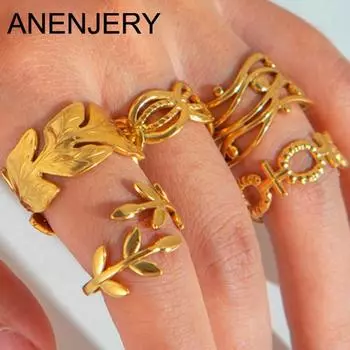ANENJERY Нержавеющая сталь 316L с неровной текстурой, сердце, глаз, лист, массивные штабелируемые кольца, набор для женщин и мужчин, геометрические украшения