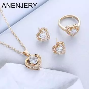 ANENJERY нежный блестящий циркон в форме сердца, кулон в форме сердца, ожерелье, серьги, кольца, комплекты ювелирных изделий, свадебные милые ювелирные изделия, подарки серебряный