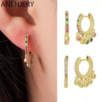 ANENJERY новые цветные серьги-кольца с кисточками и цирконием для женщин и девочек, модные ювелирные серьги