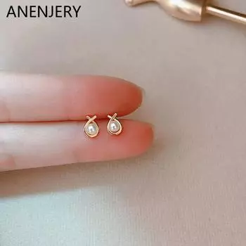 ANENJERY новые серьги-гвоздики с крестом, модные темпераментные серьги с искусственным жемчугом для женщин, ювелирные изделия, подарок серебряный