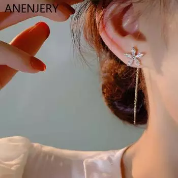 ANENJERY новые серьги с цветком циркона, модные индивидуальные серьги с кисточками для женщин, свадебные украшения, подарок серебряный
