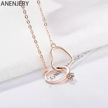 ANENJERY очаровательное ожерелье с двойным кругом и сердечком из циркона для женщин, подарок на день Святого Валентина, свадебные украшения S-N261 серебряный