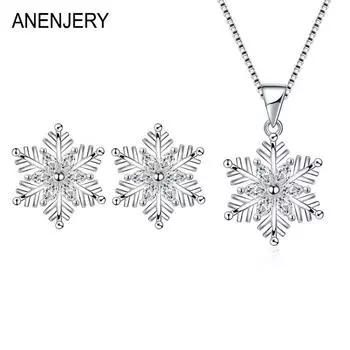 ANENJERY ослепительное циркониевое ожерелье со снежинками, серьги, комплект ювелирных изделий для женщин, элегантные ювелирные изделия на годовщину свадьбы, рождественский подарок Resizable