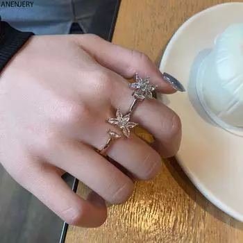 ANENJERY Открытое кольцо с лепестком цветка и цирконом для женщин, элегантные корейские популярные аксессуары Resizable золотой