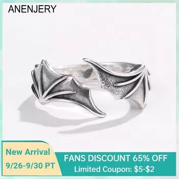 ANENJERY Открытые кольца с крыльями летучей мыши для мужчин и женщин, дизайн, винтажный тайский серебряный цвет, вечерние ювелирные изделия в стиле хип-хоп, Bague Femme anel anillo