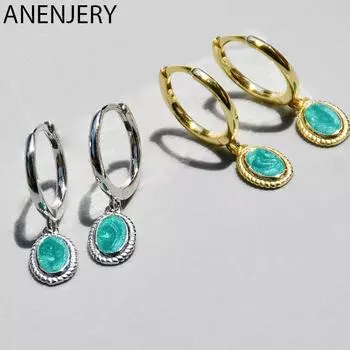 ANENJERY овальные серьги-кольца с зеленым камнем, винтажные женские серьги серебряный