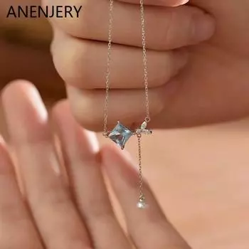 ANENJERY Ожерелье-бантик из синего квадратного циркония для женщин, новое модное ожерелье с подвеской из искусственного жемчуга и кисточкой, ювелирные изделия для вечеринок