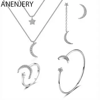 ANENJERY ожерелье с луной и звездой, браслет, кольца, серьги, комплект свадебных украшений с микроцирконом для женщин