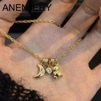 ANENJERY Ожерелье с подвеской Golden Bear Moon Zircon для женщин, роскошное, нежное, винтажное, ювелирное, оптовое золотой