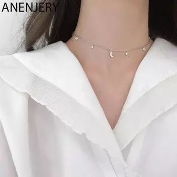 ANENJERY ожерелье с подвеской из циркона и луны для женщин, простое короткое колье, популярные студенческие аксессуары серебряный