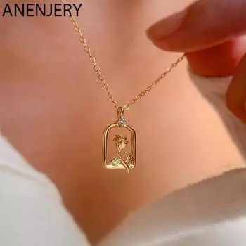 ANENJERY ожерелье с подвеской в виде розы для женщин, элегантная цепочка на ключицу, французские аксессуары золотой