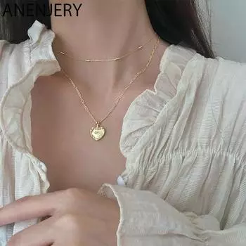 ANENJERY ожерелье с сердечком для женщин, двухслойная цепочка на ключицы, золотое, серебряное ожерелье, вечерние ювелирные изделия, подарки