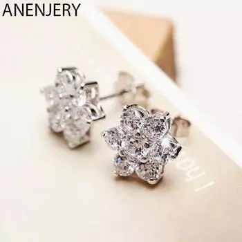 ANENJERY простые серьги-гвоздики со снежинками и цирконием для женщин, подарочные ювелирные изделия Oorbellen S-E07 серебряный