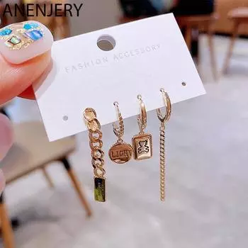 ANENJERY прямоугольные круглые брендовые серьги-кольца с кисточками и узором медведя для женщин, крутой комплект сережек из 4 предметов