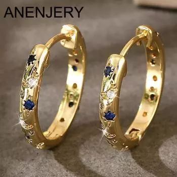 ANENJERY Разноцветные циркониевые Лунные Звезды Большие Серьги-кольца для женщин Уникальные роскошные Темпераментные вечерние серьги Ювелирные изделия