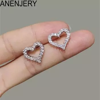 ANENJERY серьги-гвоздики с полым сердечком для женщин и девочек, классические популярные блестящие циркониевые вечерние ювелирные изделия, подарок