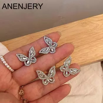 ANENJERY серьги-гвоздики в форме сердца в форме бабочки для женщин, серьги с цирконом и бантом, модные ювелирные аксессуары красный