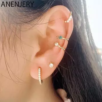ANENJERY серьги-клипсы с зеленым цирконием для женщин, повседневные маленькие серьги-манжеты без пирсинга, ювелирные изделия