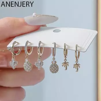 ANENJERY серьги-кольца с блестящим цирконием и ананасом кактусом для женщин, легкие роскошные милые серьги из 6 предметов, комплект серебряный