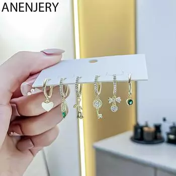 ANENJERY серьги-кольца с цирконами и листьями розы и сердечками для женщин, простые милые серьги из 6 предметов, комплект ювелирных изделий для вечеринок