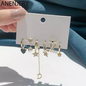 ANENJERY серьги-кольца с цирконием, звездным сердцем и жемчугом, кисточкой, буквой D, серьги-кольца для женщин, персональный набор серег из 6 предметов