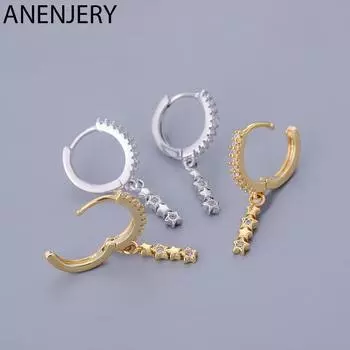 ANENJERY серьги-кольца с цирконием и звездами для женщин, милые легкие роскошные ювелирные изделия серебряный