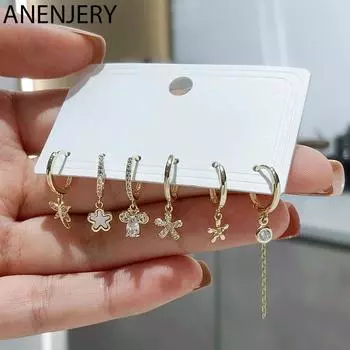 ANENJERY серьги-кольца с цирконием, мышкой и цветком стрекозы для женщин, милый комплект из 6 предметов, серьги для девочек, ювелирные изделия