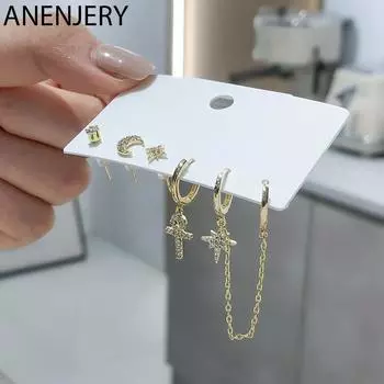 ANENJERY серьги-кольца с цирконием, звездой и луной, крест-цепочка, двойные серьги-кольца для женщин, простой комплект из 6 предметов, серьги, украшения для девочек